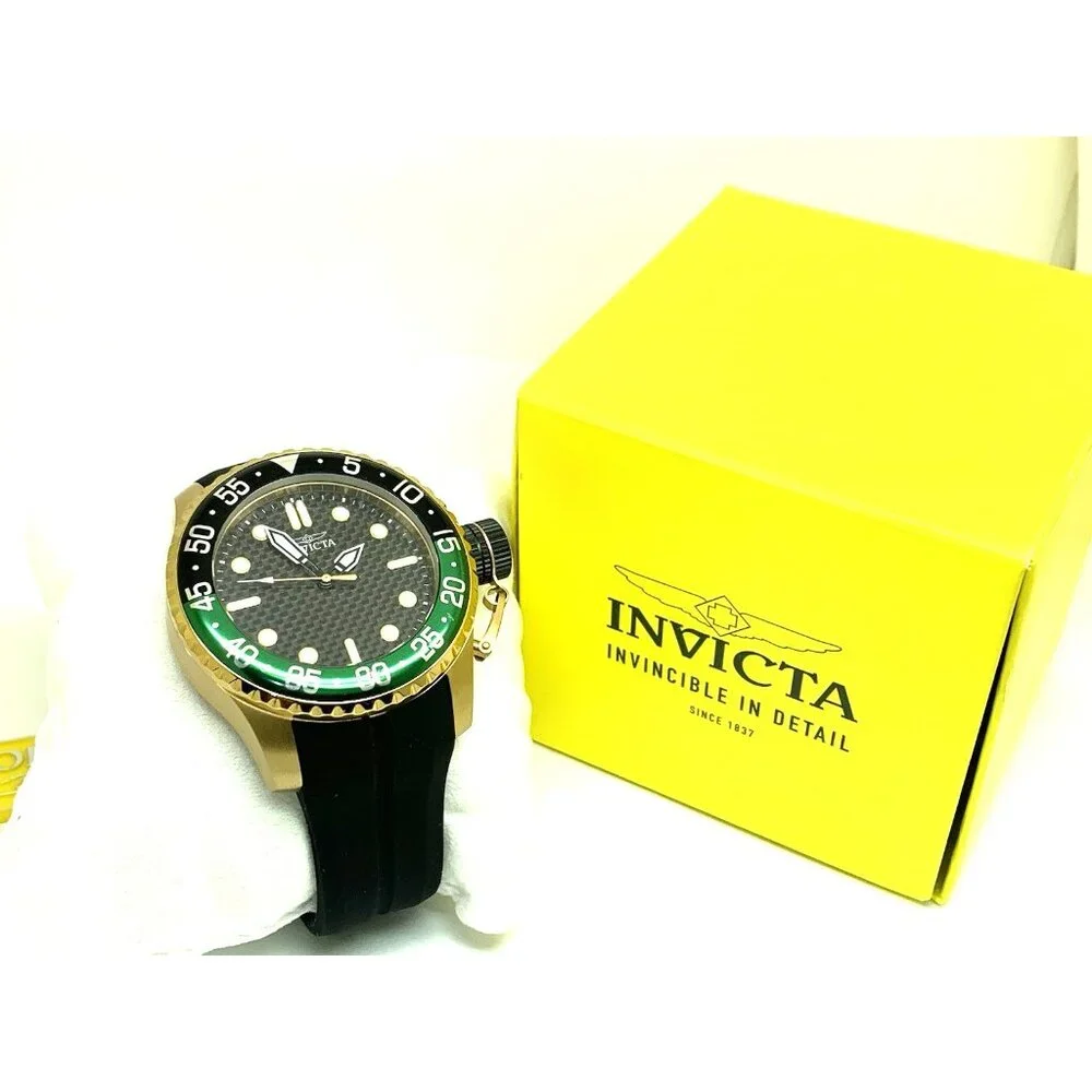 Invicta Men's Watch 35661 Pro Diver Quartz Gold Black Green Bezel Rubber Band